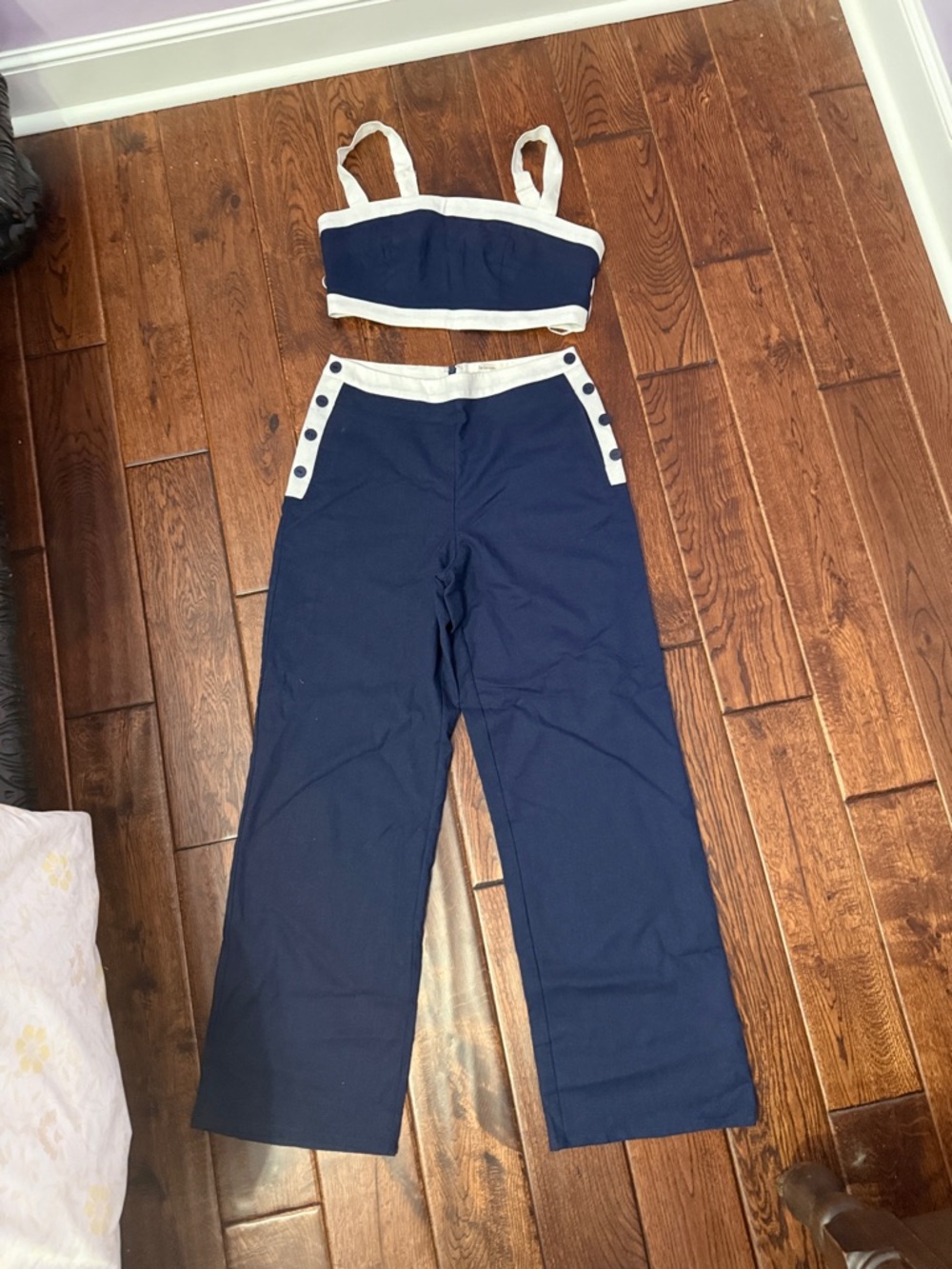 Navy Blue Wide-Leg Sailor Pants with Contrast Trim